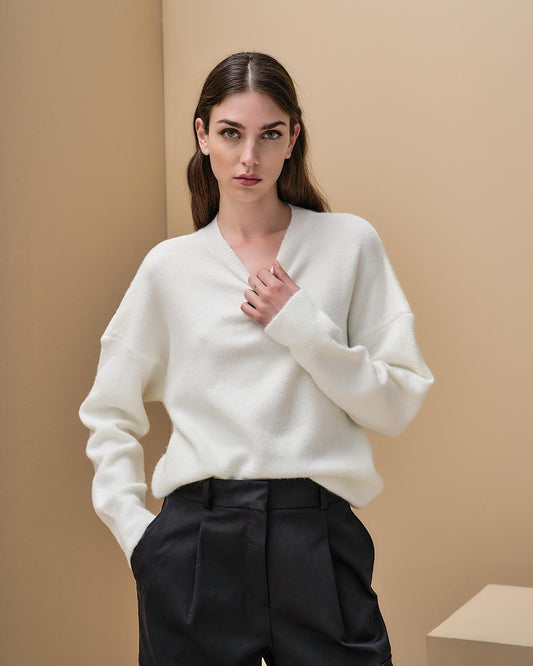 Tailor Made- V neck oversized Πουλόβερ Υπόλευκο