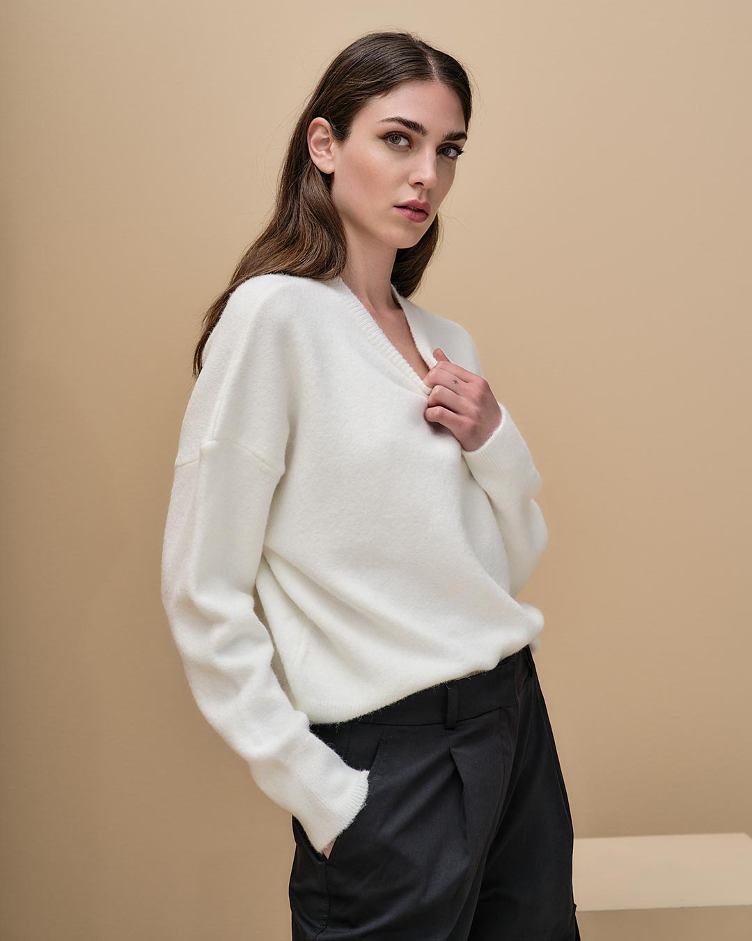 Tailor Made- V neck oversized Πουλόβερ Υπόλευκο